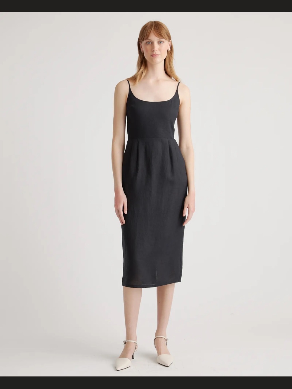 Quince European Linen scoop neck midi dress is Black. Size L